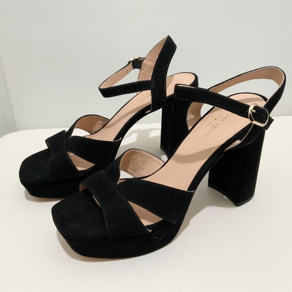 Kate Spade Delight Platform Heel Sandal Black Suede Block Heel Ankle Strap Pumps - Picture 9 of 16